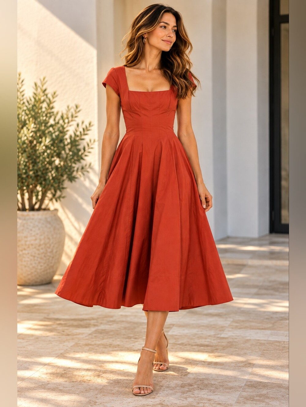 NWT STAUD Short Sleeve Wells Midi Dress Rust Size 4